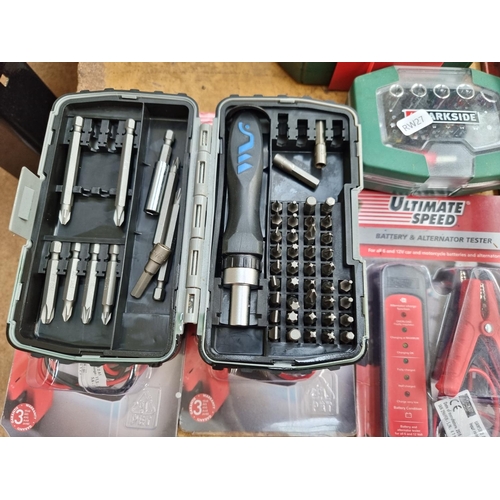 854 - A collection of tools to include Powerfix drill bit and miniature socket set, cased Parkside socket ... 