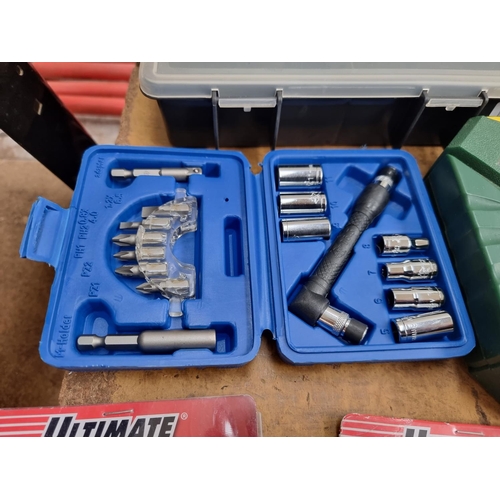 854 - A collection of tools to include Powerfix drill bit and miniature socket set, cased Parkside socket ... 