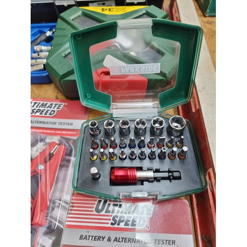 854 - A collection of tools to include Powerfix drill bit and miniature socket set, cased Parkside socket ... 