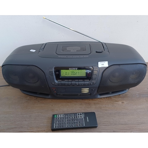 645 - A Sony ZSX-5000 portable stereo system comprising three-disc changer CD player, Dolby cassette deck ... 