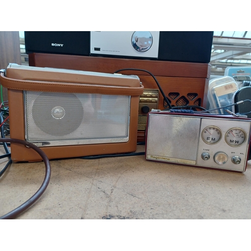 677 - Four items to include Sony CMT-SBT20B micro audio system, vintage Regentone transistor radio etc.