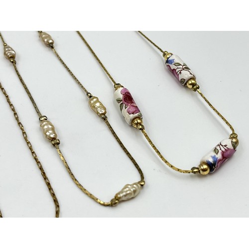 1207 - A collection of 14ct gold filled and plated necklaces together with 22ct gold lined pin badges