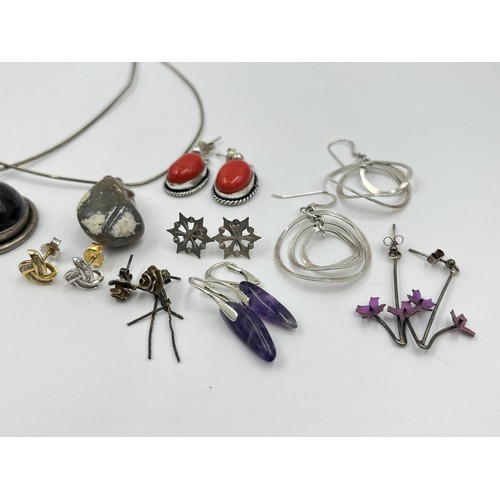 1213 - A collection of .925 silver necklaces and earrings to include coral, amethyst etc.