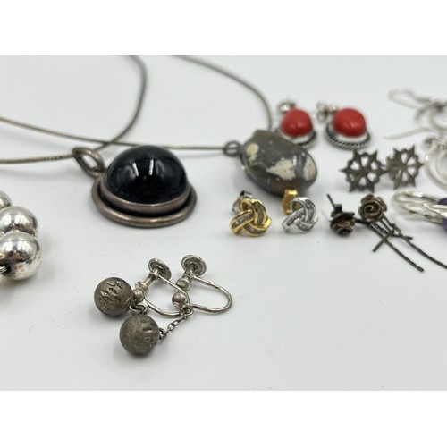 1213 - A collection of .925 silver necklaces and earrings to include coral, amethyst etc.