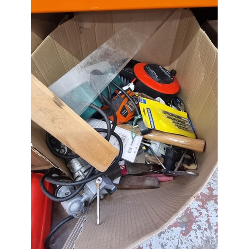 909 - Two boxes and two toolboxes containing tools to include Rally electric detail sander, Black & Decker... 