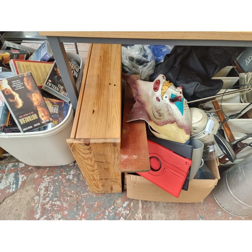 918 - A large quantity of house clearance items to include pine wall mountable display cabinet with two gl... 