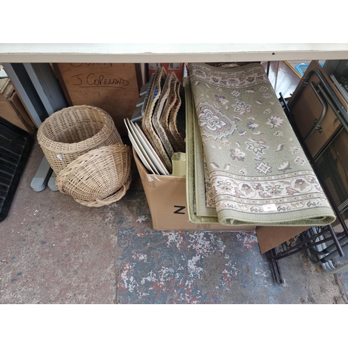 955 - A box containing house clearance items to include Flair Rugs Simplicity Sherborne 150cm x 80cm rug, ... 