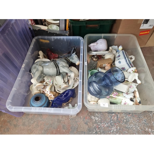 960 - Two boxes containing ceramics and glassware to include Sylvac grey shire horse, Royal Doulton pig fi... 