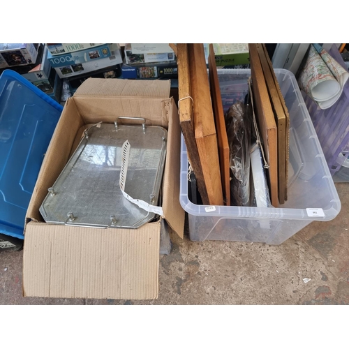 961 - Two boxes containing pictures and stainless steel trays