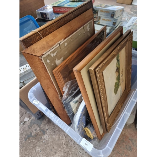 961 - Two boxes containing pictures and stainless steel trays