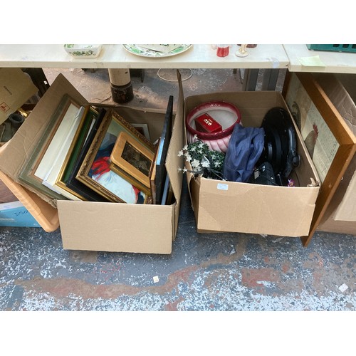 980 - Two boxes containing pictures, ceramics, vintage Oxo tin, Bush clock radio etc.