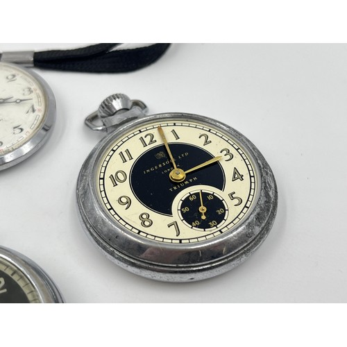 1249 - Four mid 20th century Ingersoll open face hand wind pocket watches to include two Triumph etc.