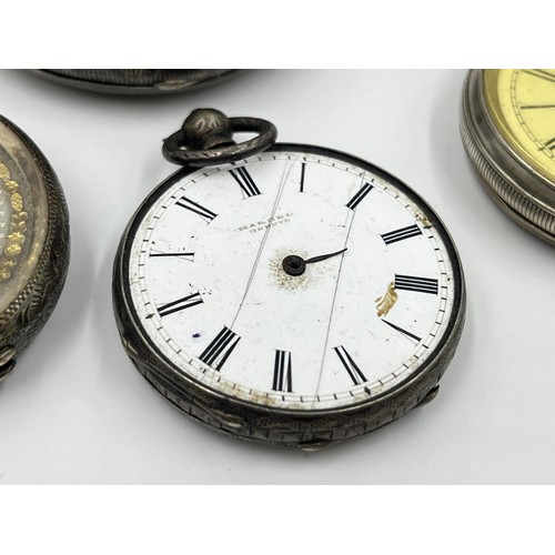 1252 - Five late 19th/early 20th century silver and white metal pocket watches to include fine silver, two ... 