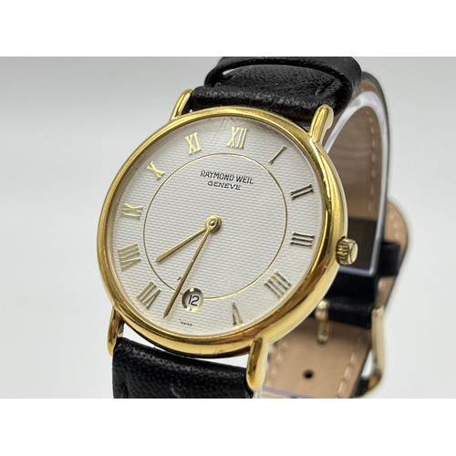 1256 - A boxed Raymond Weil Geneve 18ct gold electroplated quartz 32mm wristwatch with certificate - ref. 9... 