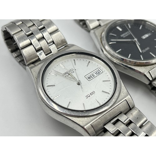 1279 - Two vintage Seiko SQ100 quartz 36mm men's wristwatches with Seiko stainless steel bracelets - refs. ... 