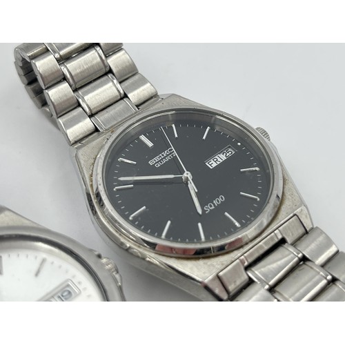 1279 - Two vintage Seiko SQ100 quartz 36mm men's wristwatches with Seiko stainless steel bracelets - refs. ... 