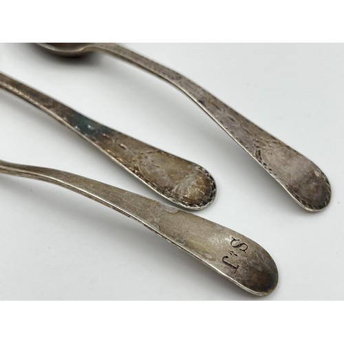 1334 - Three George III silver teaspoons to include hallmarked Newcastle example believed to be by John Lan... 