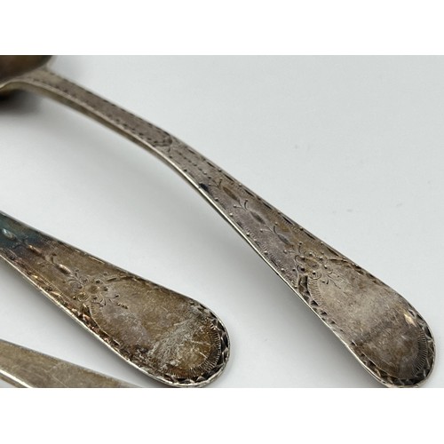 1334 - Three George III silver teaspoons to include hallmarked Newcastle example believed to be by John Lan... 