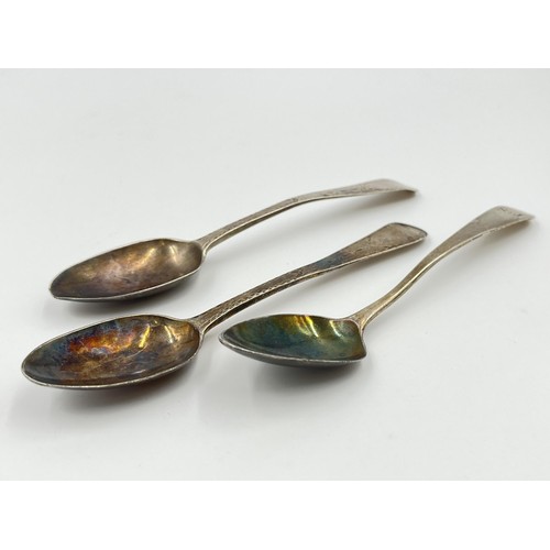 1334 - Three George III silver teaspoons to include hallmarked Newcastle example believed to be by John Lan... 