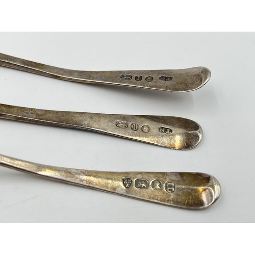 1334 - Three George III silver teaspoons to include hallmarked Newcastle example believed to be by John Lan... 