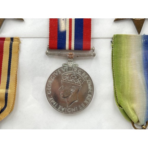 1347 - Five framed WWII British medals, one The Africa Star, one The Atlantic Star, one The Pacific Star, o... 