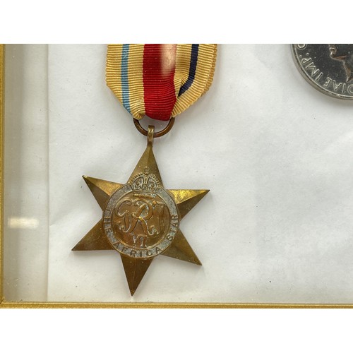 1347 - Five framed WWII British medals, one The Africa Star, one The Atlantic Star, one The Pacific Star, o... 