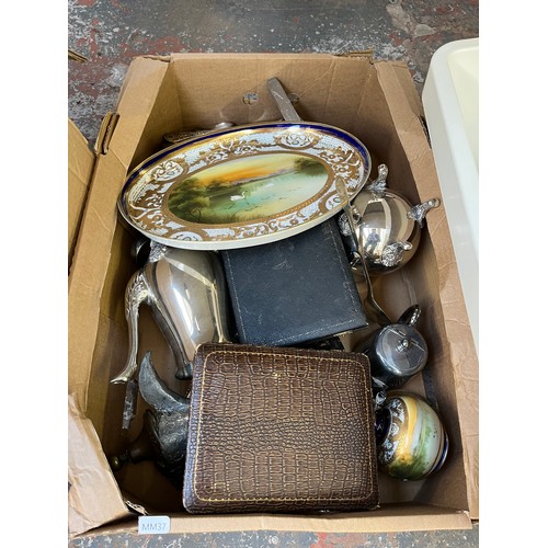 978 - Six boxes containing silver plated ware, ceramics, model aircrafts, mid 20th century studio glass ce... 