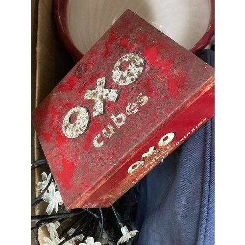 980 - Two boxes containing pictures, ceramics, vintage Oxo tin, Bush clock radio etc.