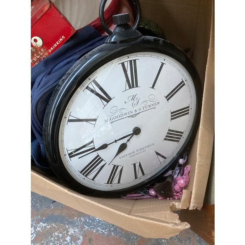 980 - Two boxes containing pictures, ceramics, vintage Oxo tin, Bush clock radio etc.