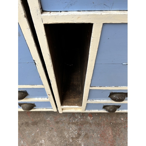 172 - A pair of late 19th/early 20th century Hobbs & Co. blue and white painted shop cabinets - approx. 94... 