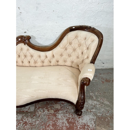 130 - A Victorian style walnut framed and fabric upholstered parlour sofa - approx. 85cm high x 203cm wide... 