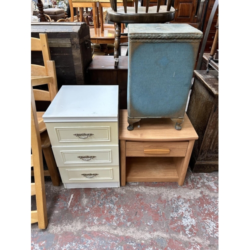 167 - Three pieces of furniture, Lloyd Loom style blue painted laundry basket, late 20th century white lam... 