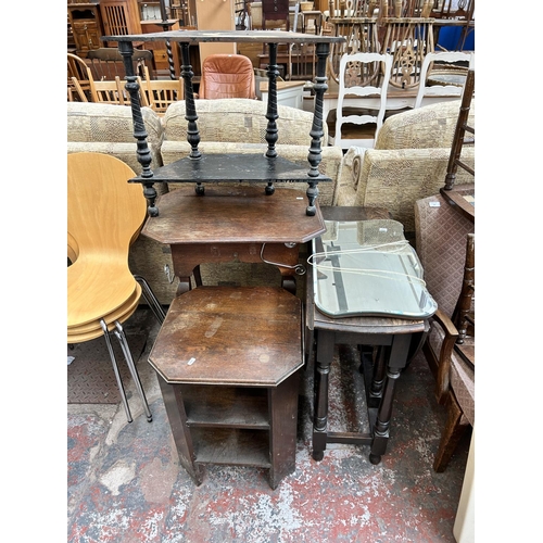 192 - Five pieces of furniture to include Art Deco oak side table, Edwardian oak side table, bevelled edge... 