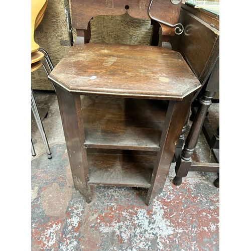 192 - Five pieces of furniture to include Art Deco oak side table, Edwardian oak side table, bevelled edge... 