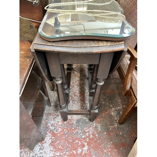 192 - Five pieces of furniture to include Art Deco oak side table, Edwardian oak side table, bevelled edge... 