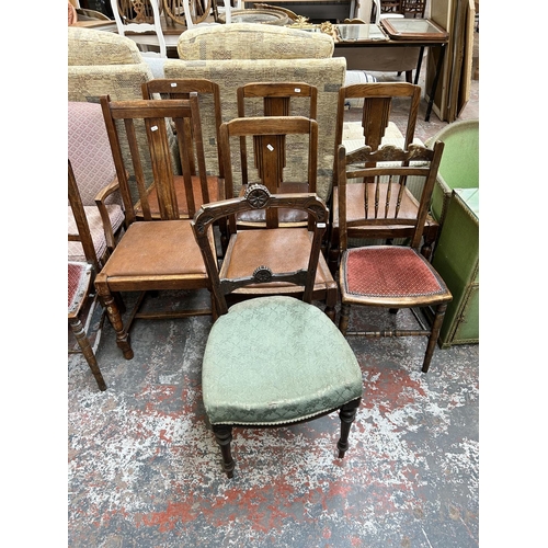 193 - Twelve pieces of furniture to include three Edwardian beech and fabric upholstered occasional chairs... 