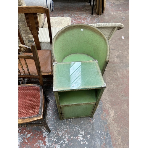 193 - Twelve pieces of furniture to include three Edwardian beech and fabric upholstered occasional chairs... 