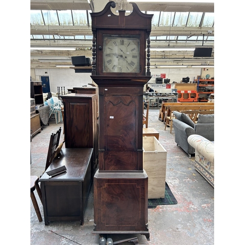 207 - A George III inlaid mahogany cased grandfather clock with pendulum and two weights