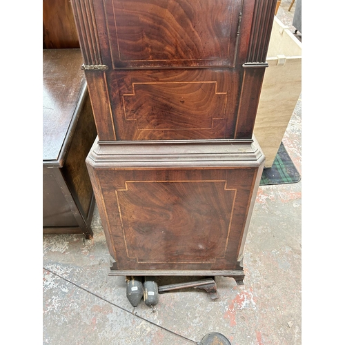 207 - A George III inlaid mahogany cased grandfather clock with pendulum and two weights