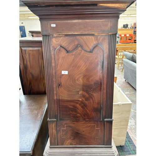 207 - A George III inlaid mahogany cased grandfather clock with pendulum and two weights
