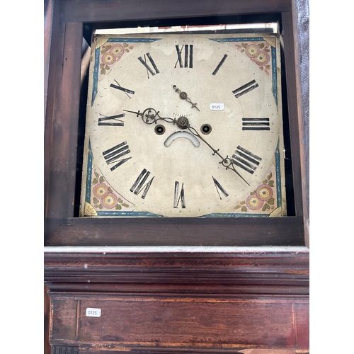 207 - A George III inlaid mahogany cased grandfather clock with pendulum and two weights