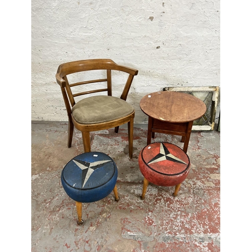 210 - Six pieces of furniture, two 1930s stained glass windows, two vinyl upholstered circular footstools ... 