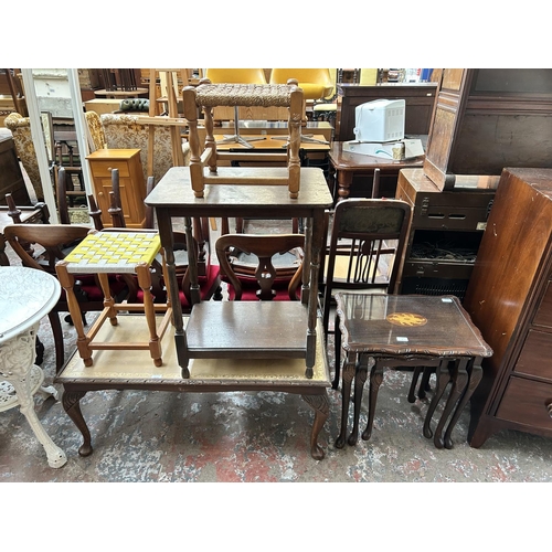 3 - Five pieces of furniture, two beech and woven footstools, one oak rectangular two tier side table, o... 