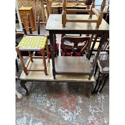 3 - Five pieces of furniture, two beech and woven footstools, one oak rectangular two tier side table, o... 