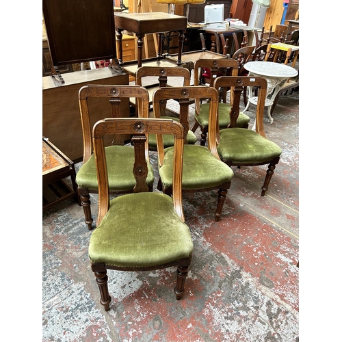 6 - A set of six 19th century oak and green fabric upholstered dining chairs with reeded supports