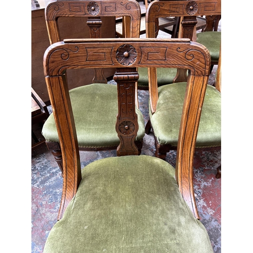 6 - A set of six 19th century oak and green fabric upholstered dining chairs with reeded supports