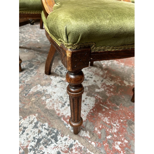 6 - A set of six 19th century oak and green fabric upholstered dining chairs with reeded supports