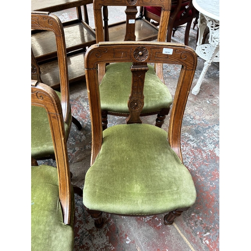 6 - A set of six 19th century oak and green fabric upholstered dining chairs with reeded supports