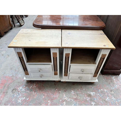 60A - A pair of modern solid pine and white painted two drawer bedside cabinets with barley twist design