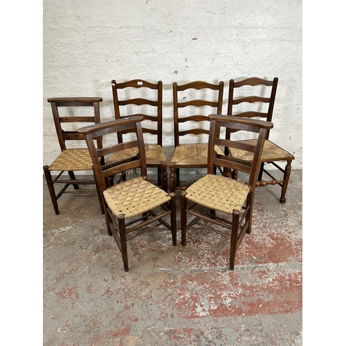 79 - Six dining chairs, three 19th century style oak and rush seated Lancashire chairs and three early 20... 